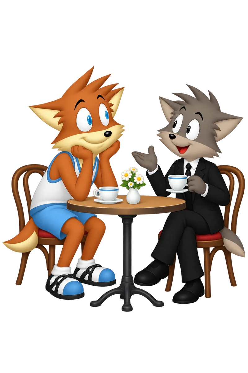 An orange character listens intently as a gray companion gestures animatedly over tea.