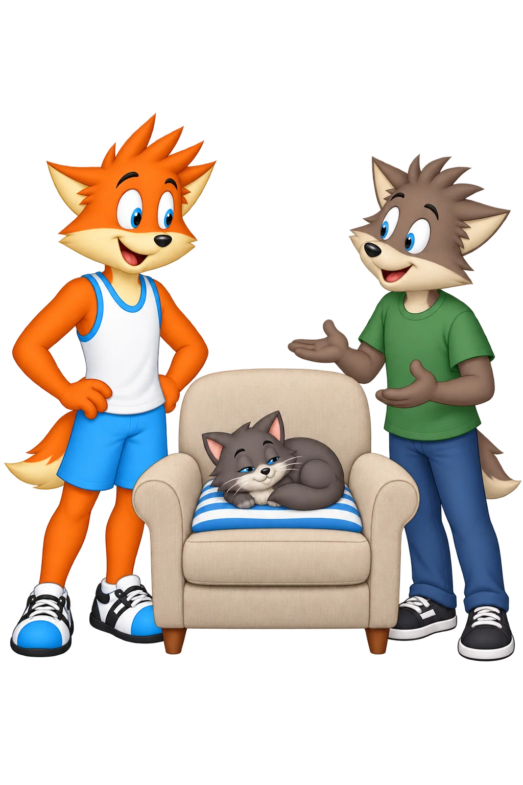 An orange adult and grey-brown guest discuss a striped cushion on an armchair where a small grey cat lies curled.