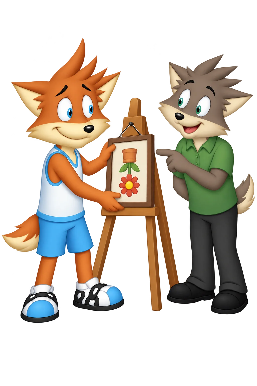 An orange adult holds an upside-down flower picture beside an easel while a grey-brown maker points toward it.