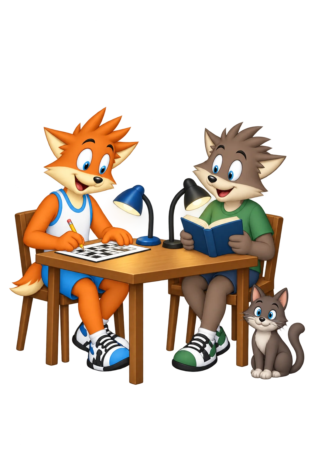 An orange adult works on a puzzle and a grey-brown companion reads under separate lamps at one table; a small grey cat sits beside the reader’s chair.