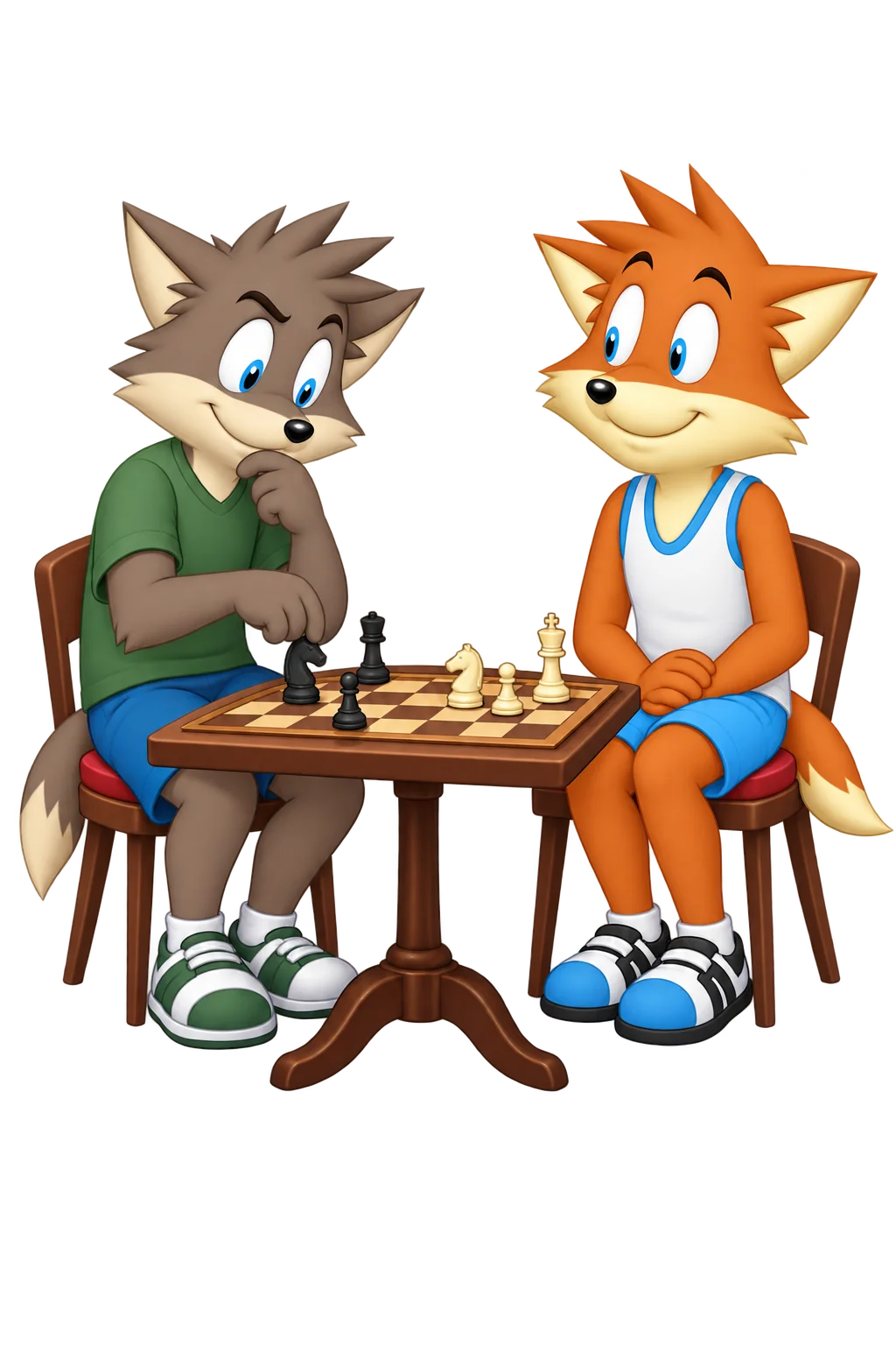 An orange adult rests both hands away from the chess pieces while a grey-brown partner studies the board.
