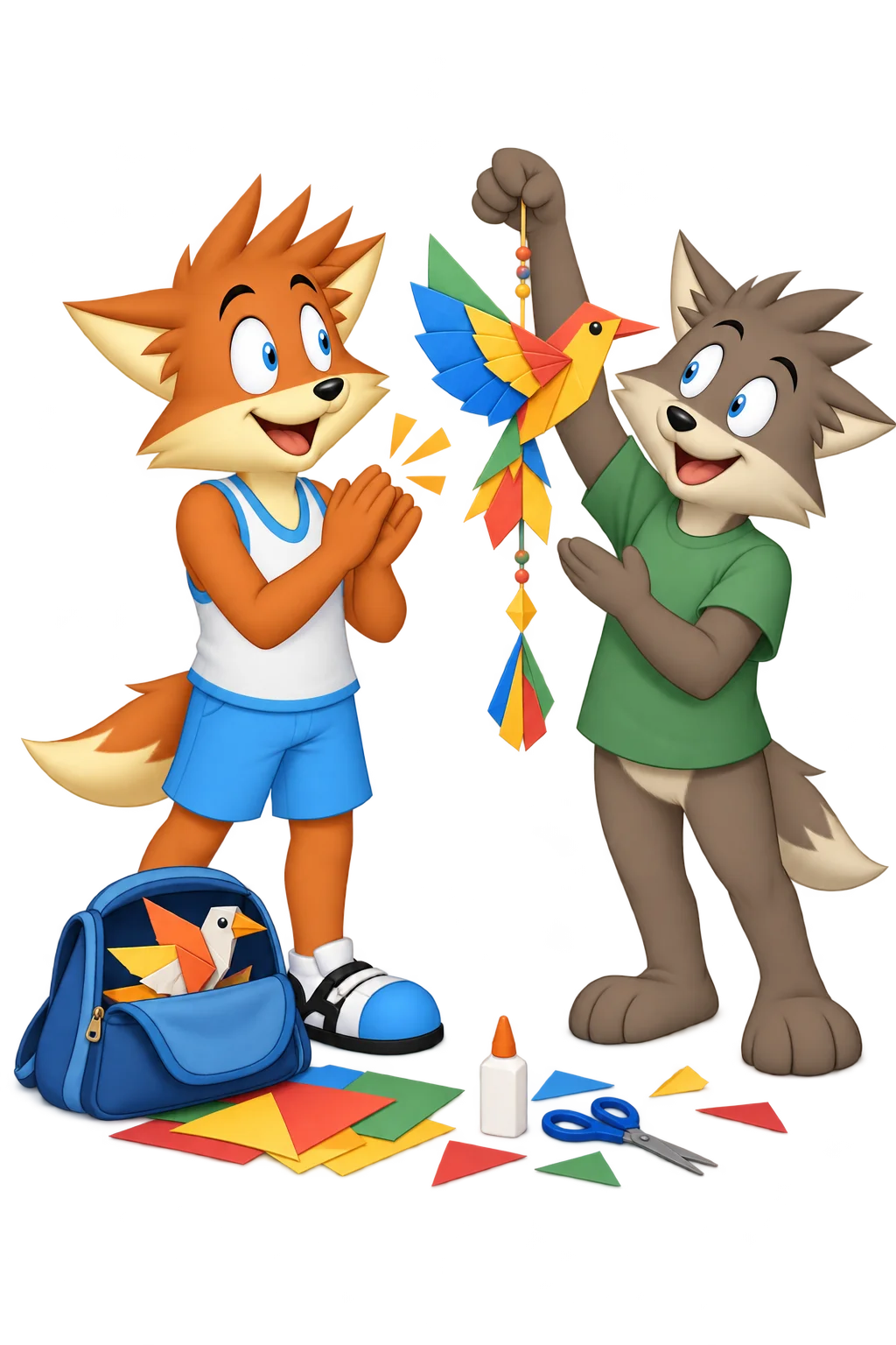 An orange adult applauds a grey-brown adult’s hanging paper bird, with another paper bird in an open bag below.