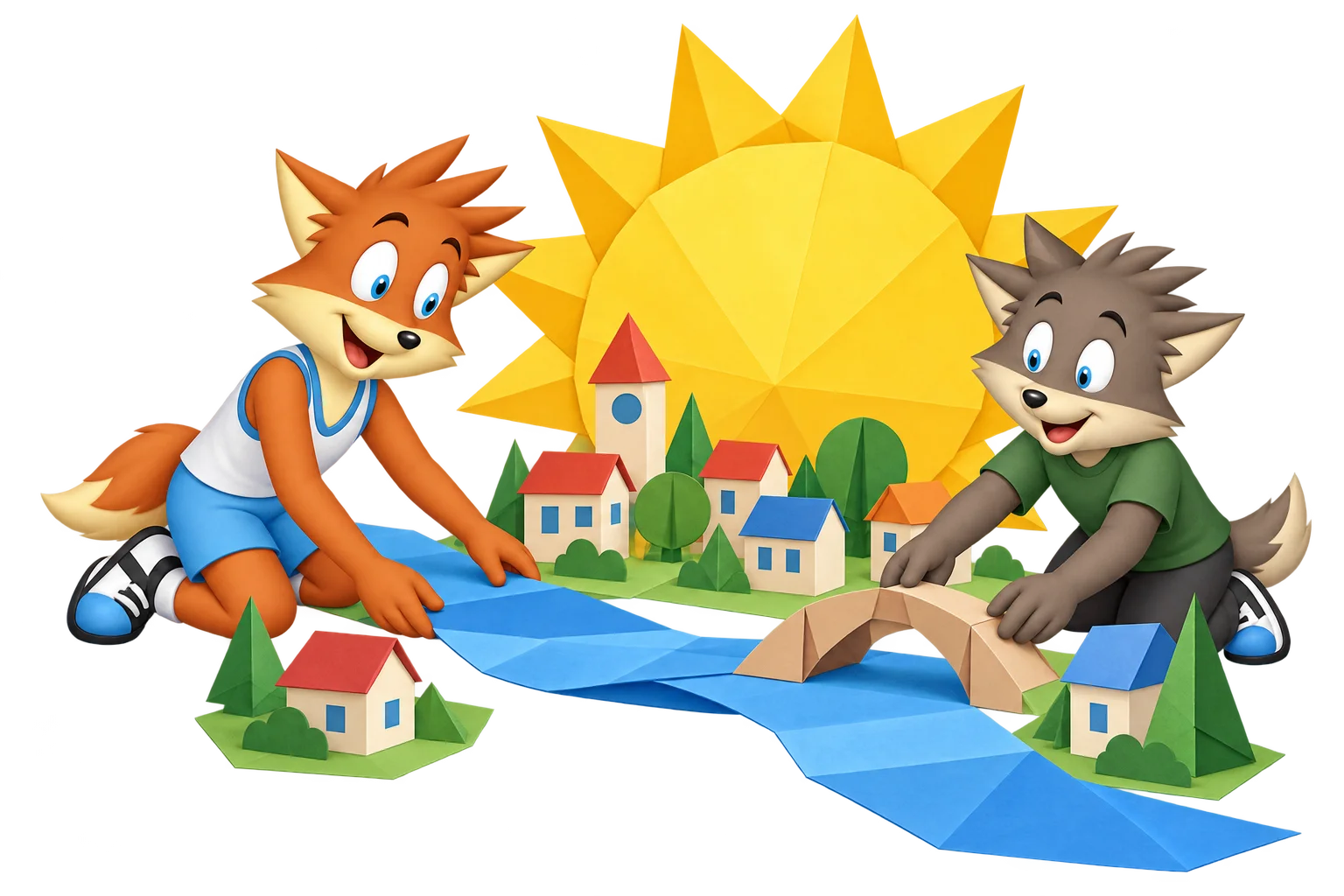 An orange adult and a grey-brown adult arrange a blue paper river and bridge in a miniature town beneath an oversized yellow sun.