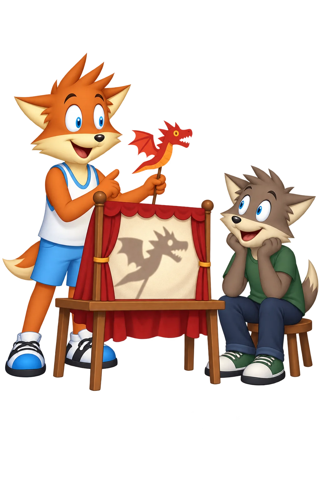 An orange adult performs with a small red dragon puppet whose shadow fills a miniature stage, while a grey-brown adult watches.
