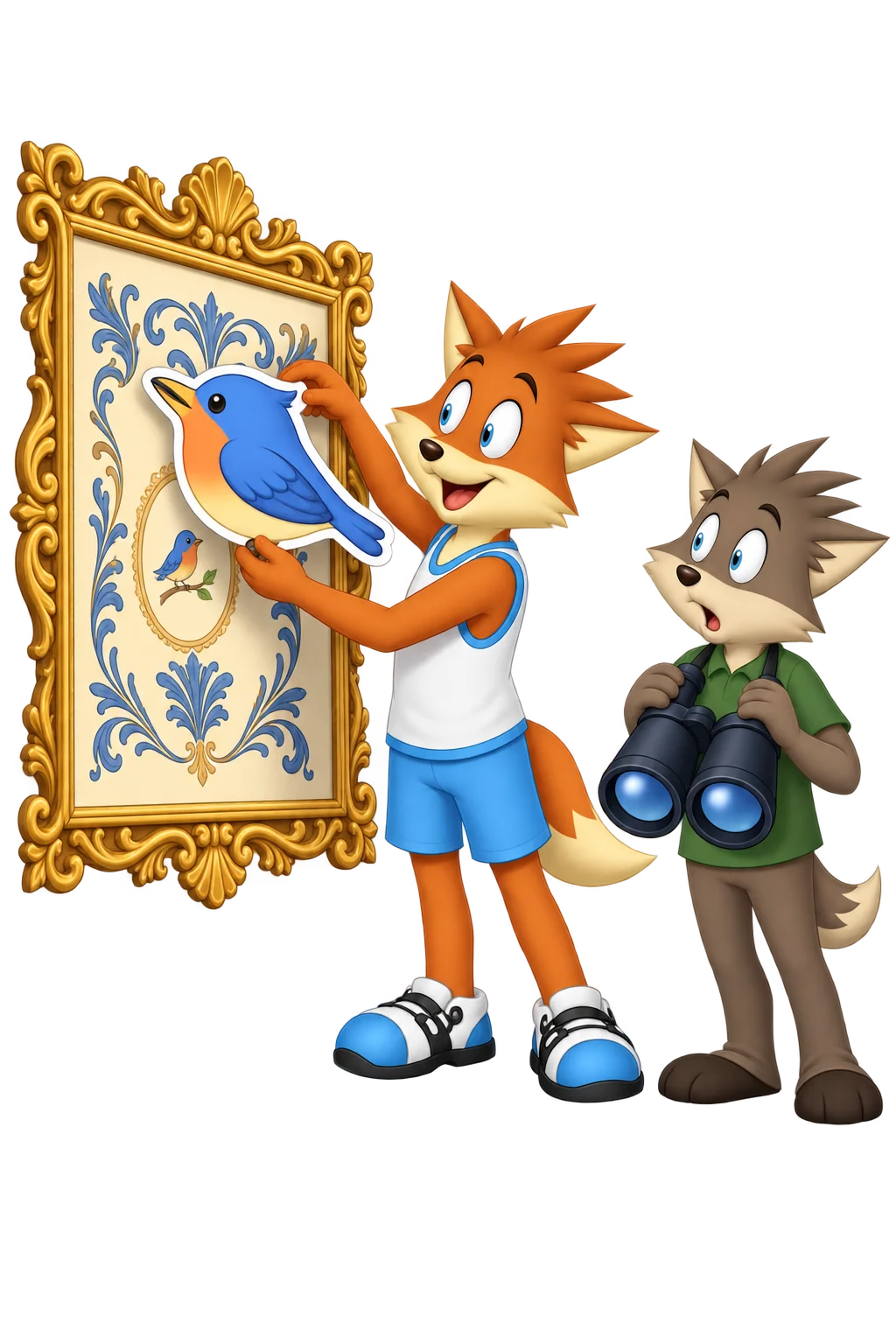 An orange adult holds a large blue bird cutout over an ornate poster while a grey-brown viewer holds binoculars.