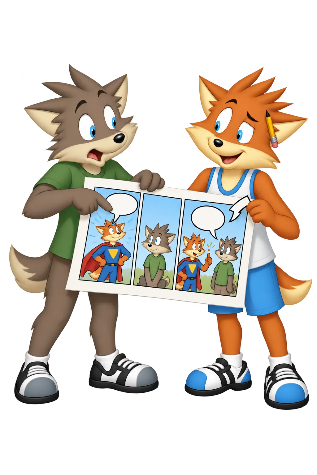 An orange adult holds a comic strip while a grey-brown reader points toward one of its speech bubbles.
