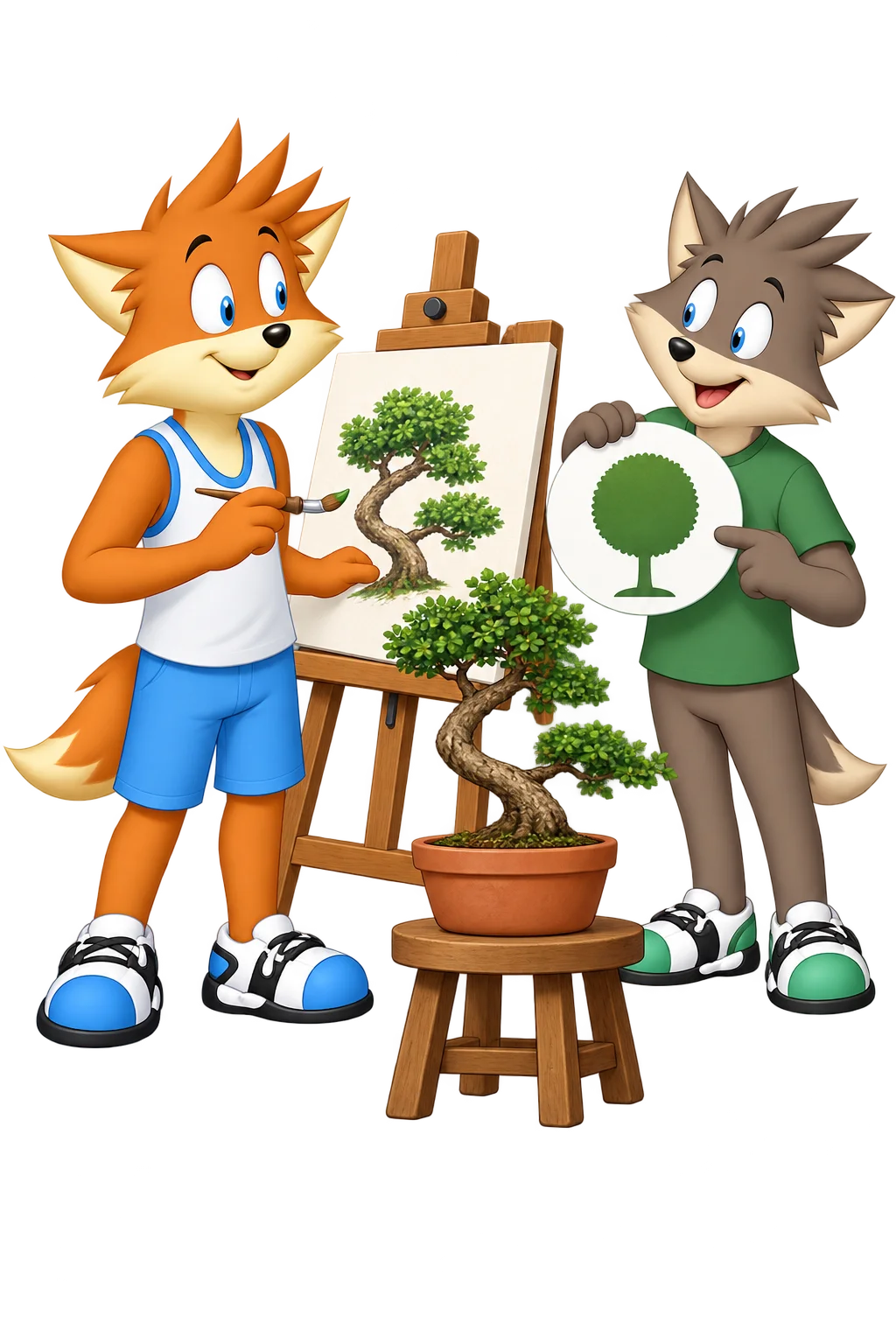 An orange adult paints a bent tree rooted in a terracotta pot while a grey-brown adult offers a round tree stencil.