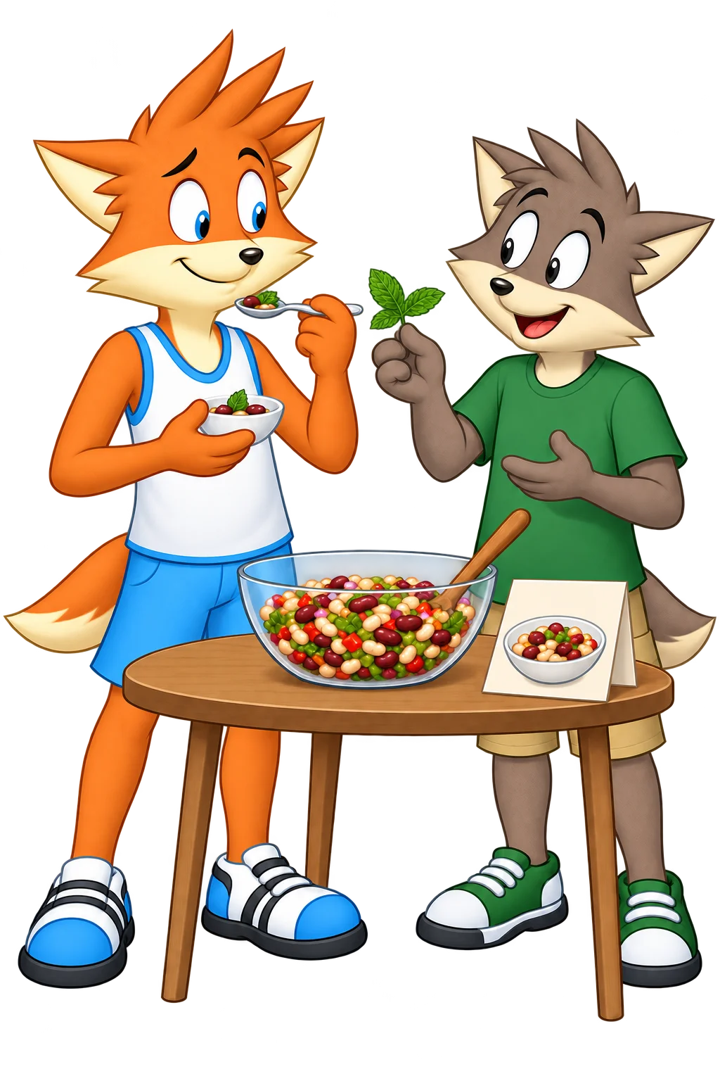 An orange adult tastes a mint-topped trial portion of bean salad while a grey-brown adult offers mint; the main bowl and recipe card sit on the table.