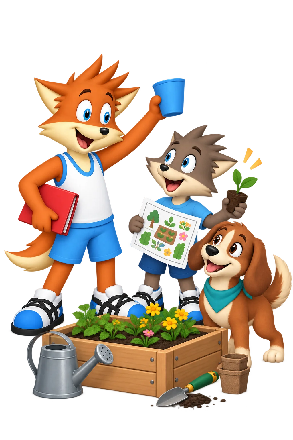The orange mascot raises a cup to a grey-brown companion’s garden plan while a closed proposal and delighted chestnut dog remain nearby.