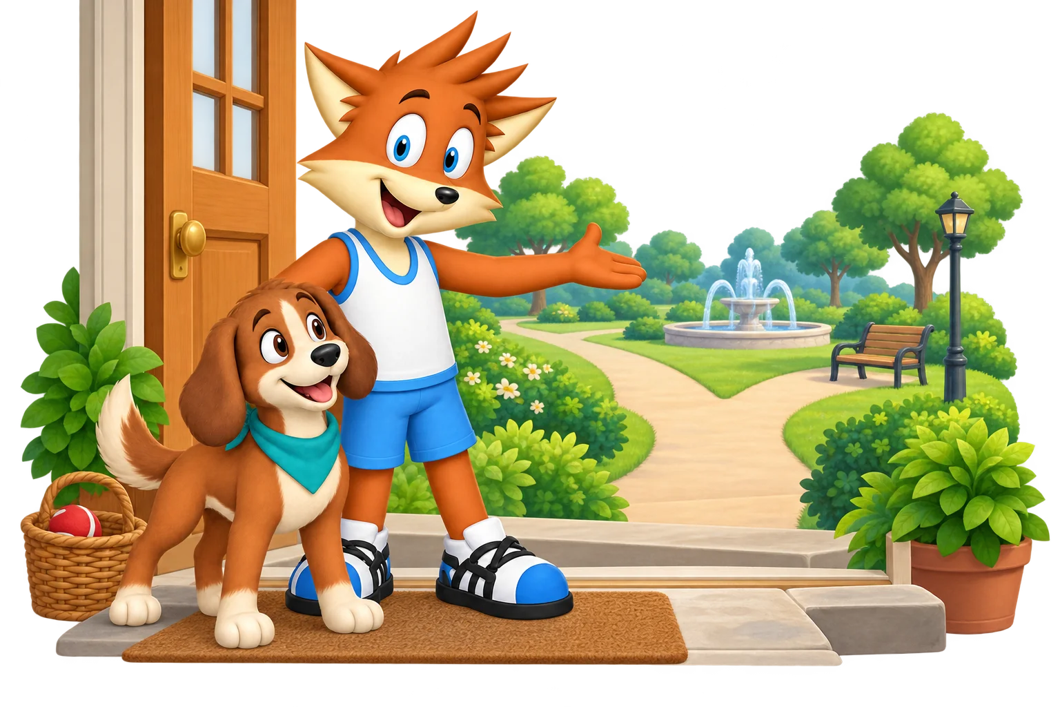 The orange mascot and chestnut dog welcome visitors at an open doorway leading to a quiet chair, fountain and branching park paths.