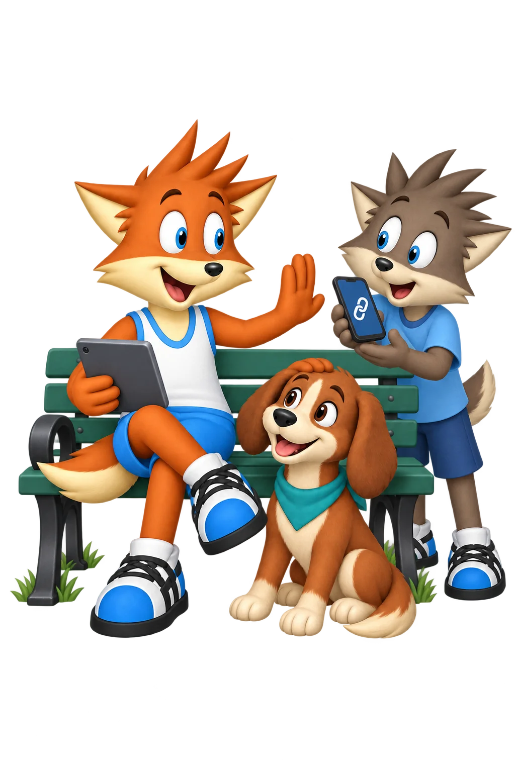 The orange mascot declines a phone link and checks another source while a grey-brown companion and the chestnut dog remain friendly.