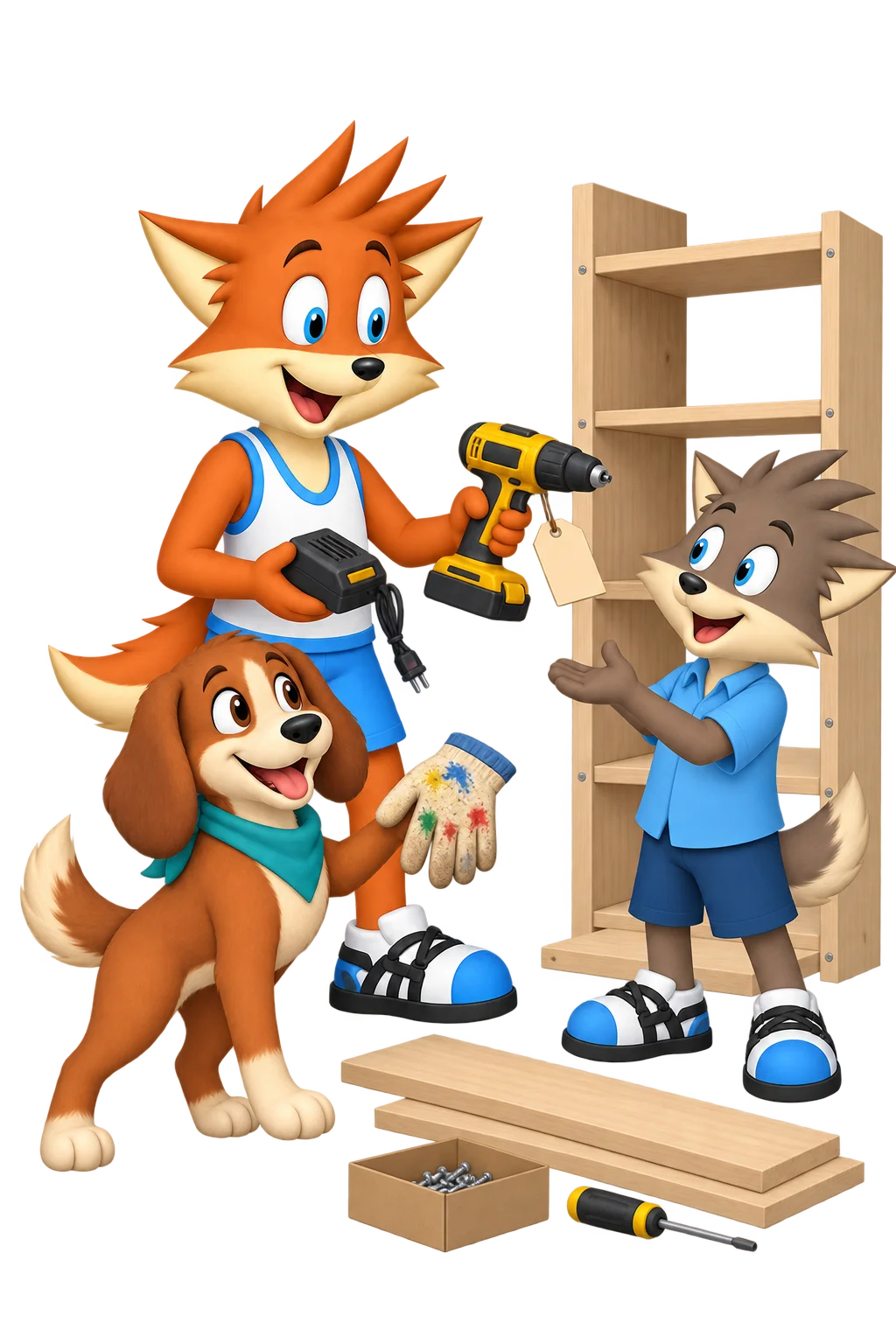 The orange mascot lends a drill and charger to a grey-brown companion while the chestnut dog proudly offers a paint-stained glove.