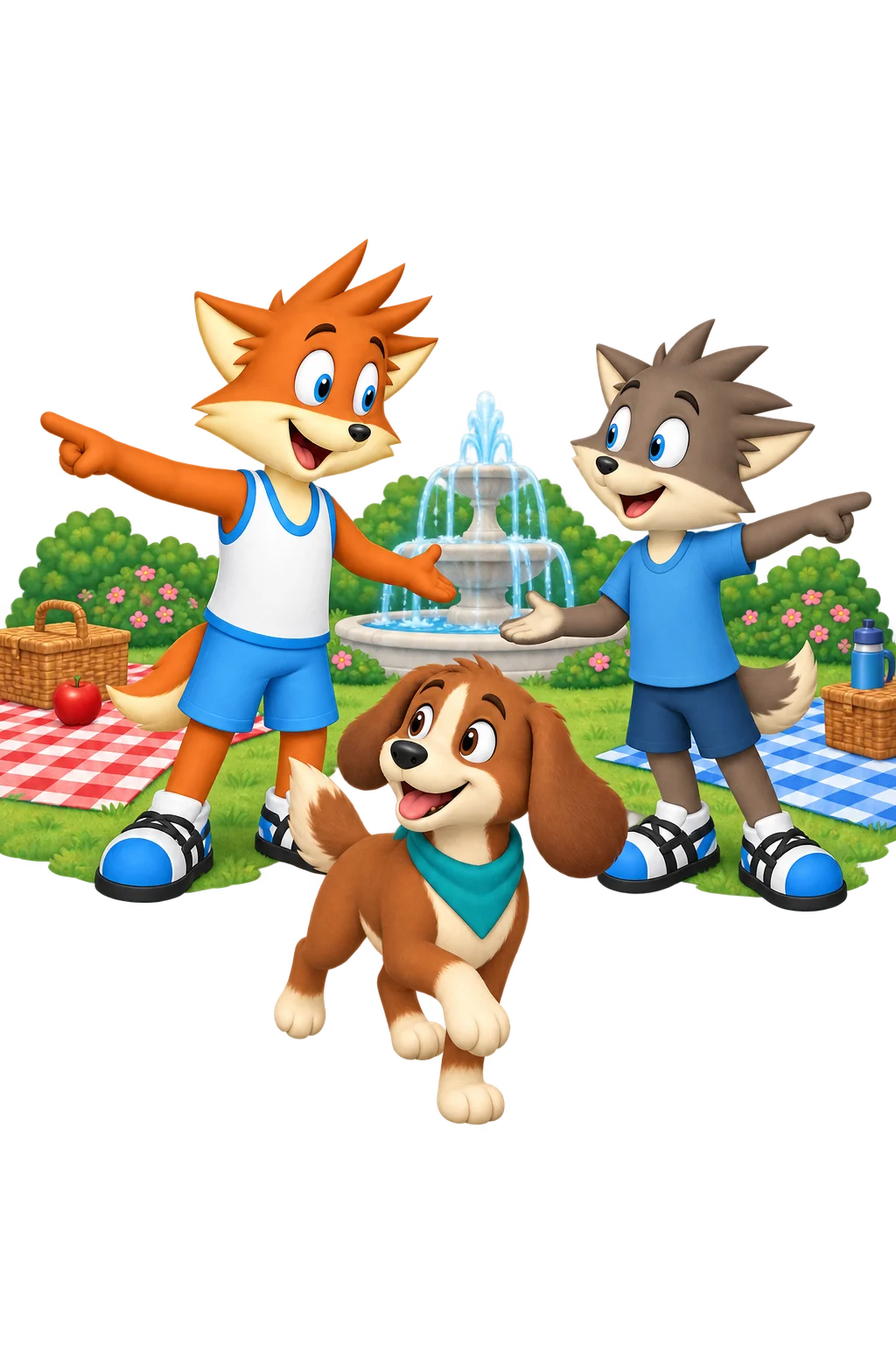 The orange mascot and grey-brown companion point toward separate picnic conversations and a fountain while the chestnut dog trots between them.