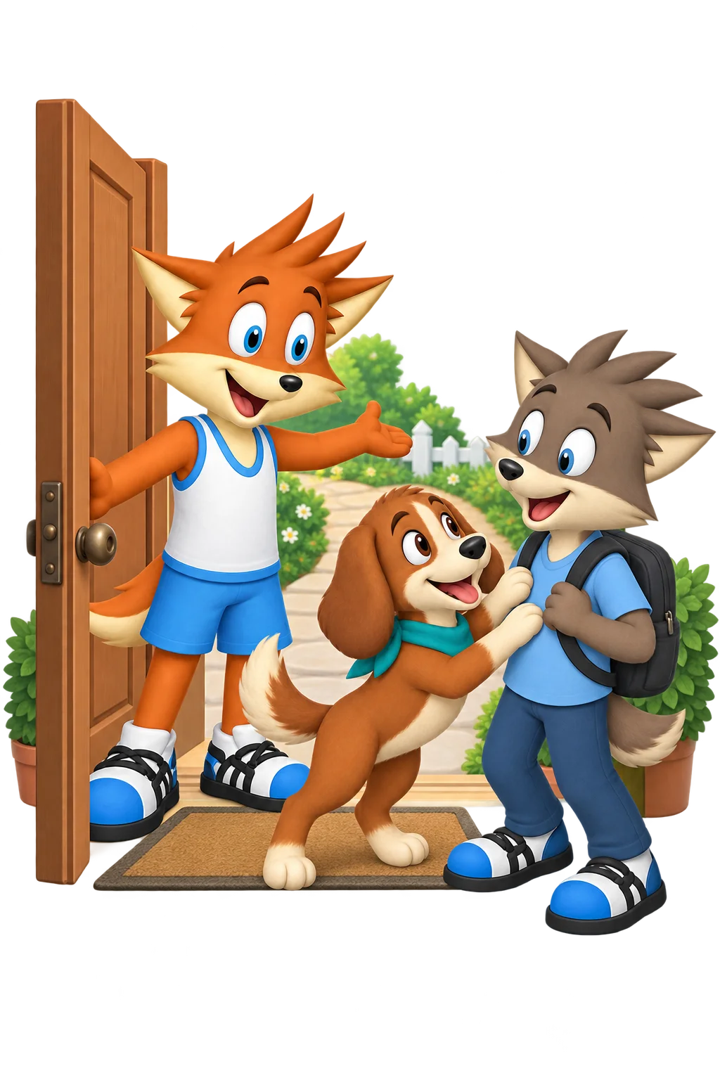 The orange mascot welcomes a returning grey-brown companion toward a quiet garden path while the chestnut dog greets them joyfully.