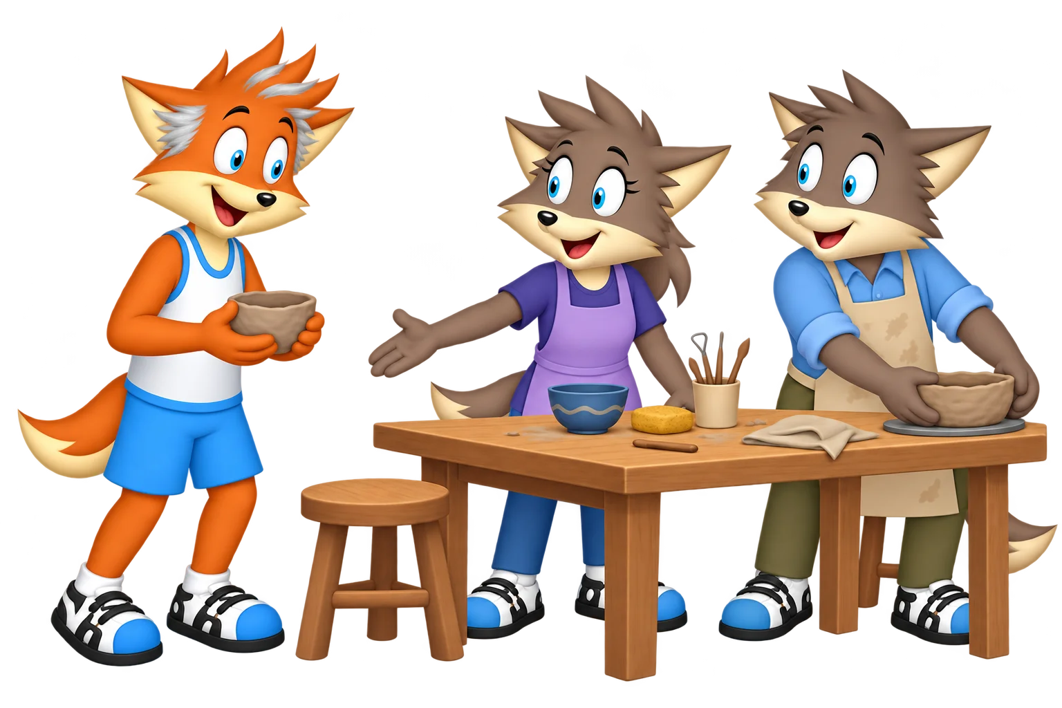 An older orange adult with silver temple and forelock markings holding an uneven clay bowl joins two grey-brown adults at a pottery table, where an empty stool and an open-handed welcome make room for them.