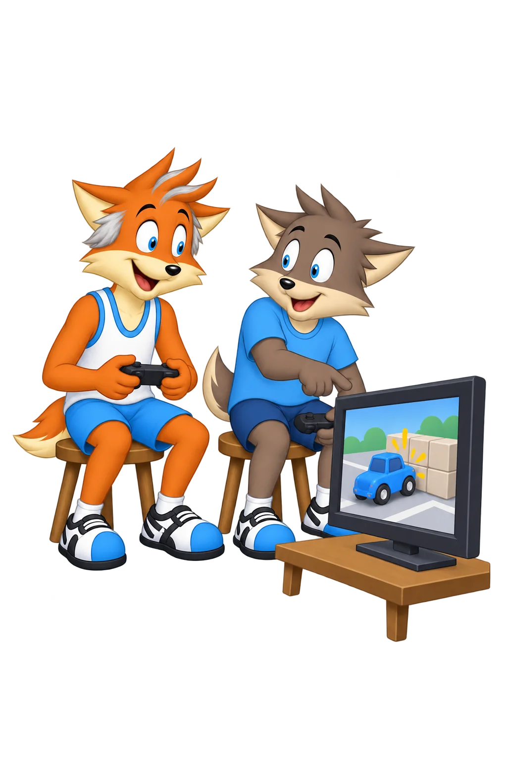 An older orange adult with silver temple and forelock markings holds a game controller while a grey-brown adult points toward a screen showing a small blue car against a wall.