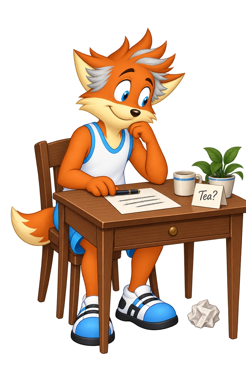 An older orange adult with silver hair markings rests a pen beside a crossed-out draft; a separate Tea? invitation card remains on the desk.