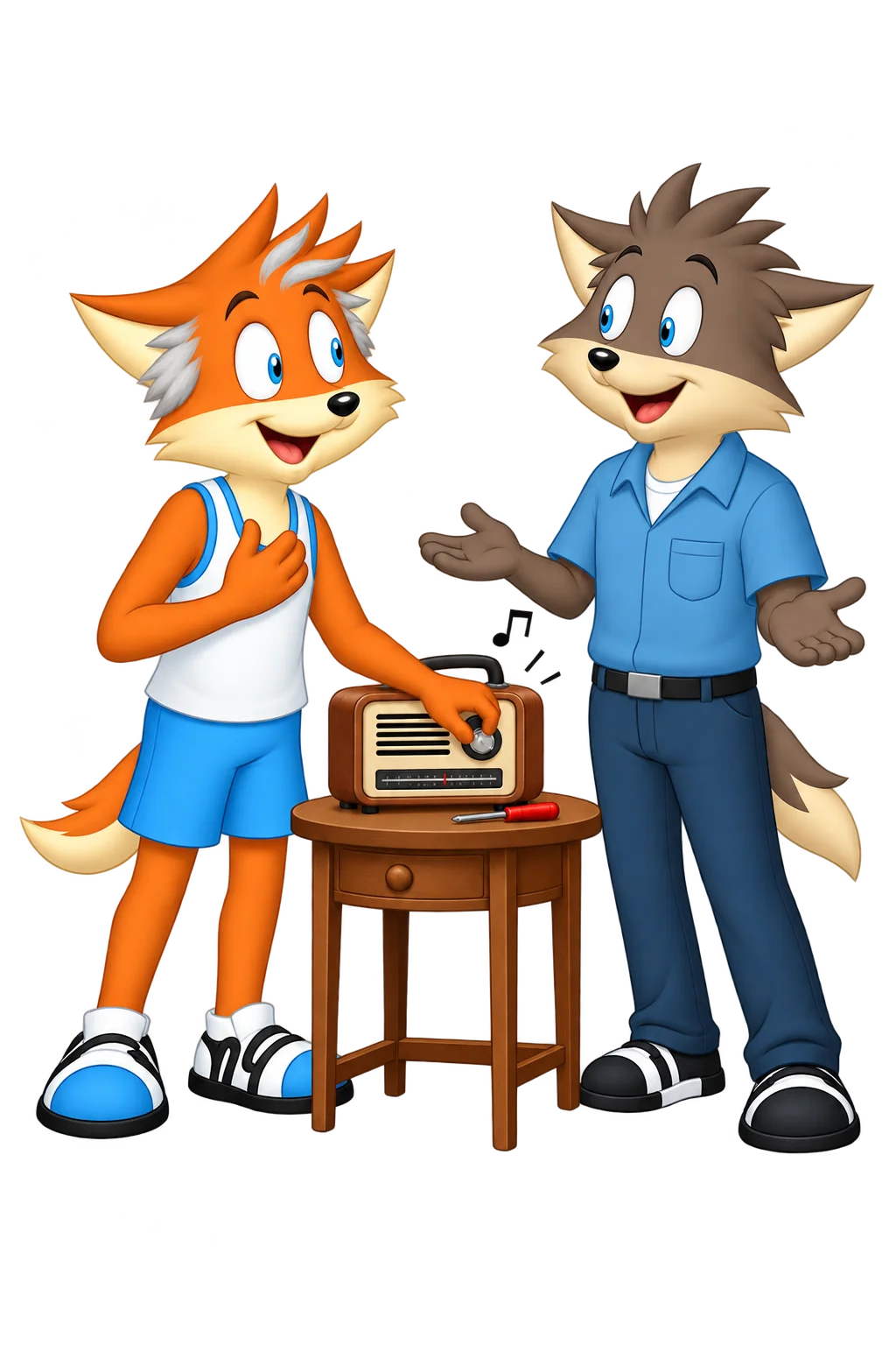 An older orange adult with silver temple and forelock markings touches a repaired radio’s dial with one hand and their chest with the other while a grey-brown friend stands beside them.