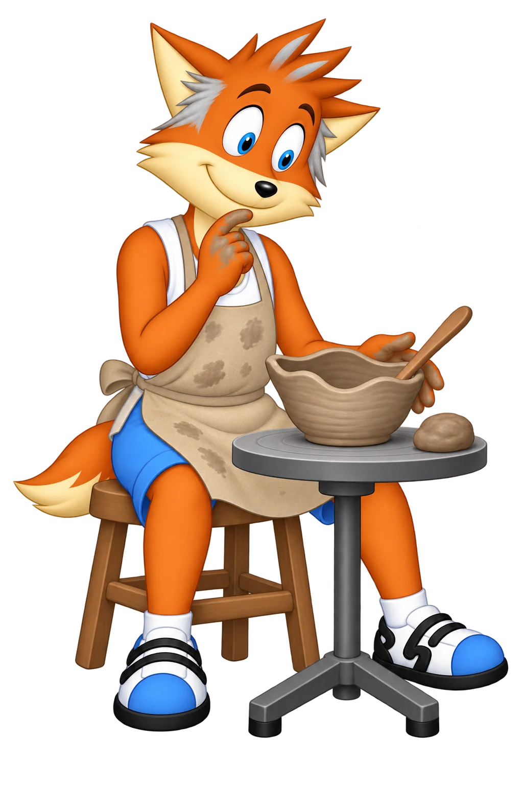 An older orange adult with silver temple and forelock markings in a clay-marked apron sits beside a lopsided bowl holding a spoon, with another small lump of clay ready on the stand.