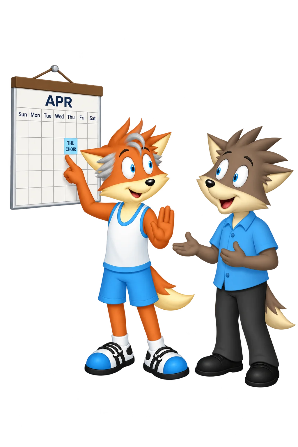 An older orange adult with silver temple and forelock markings points to a calendar appointment reading THU CHOIR and raises an open palm while a grey-brown adult speaks beside them.