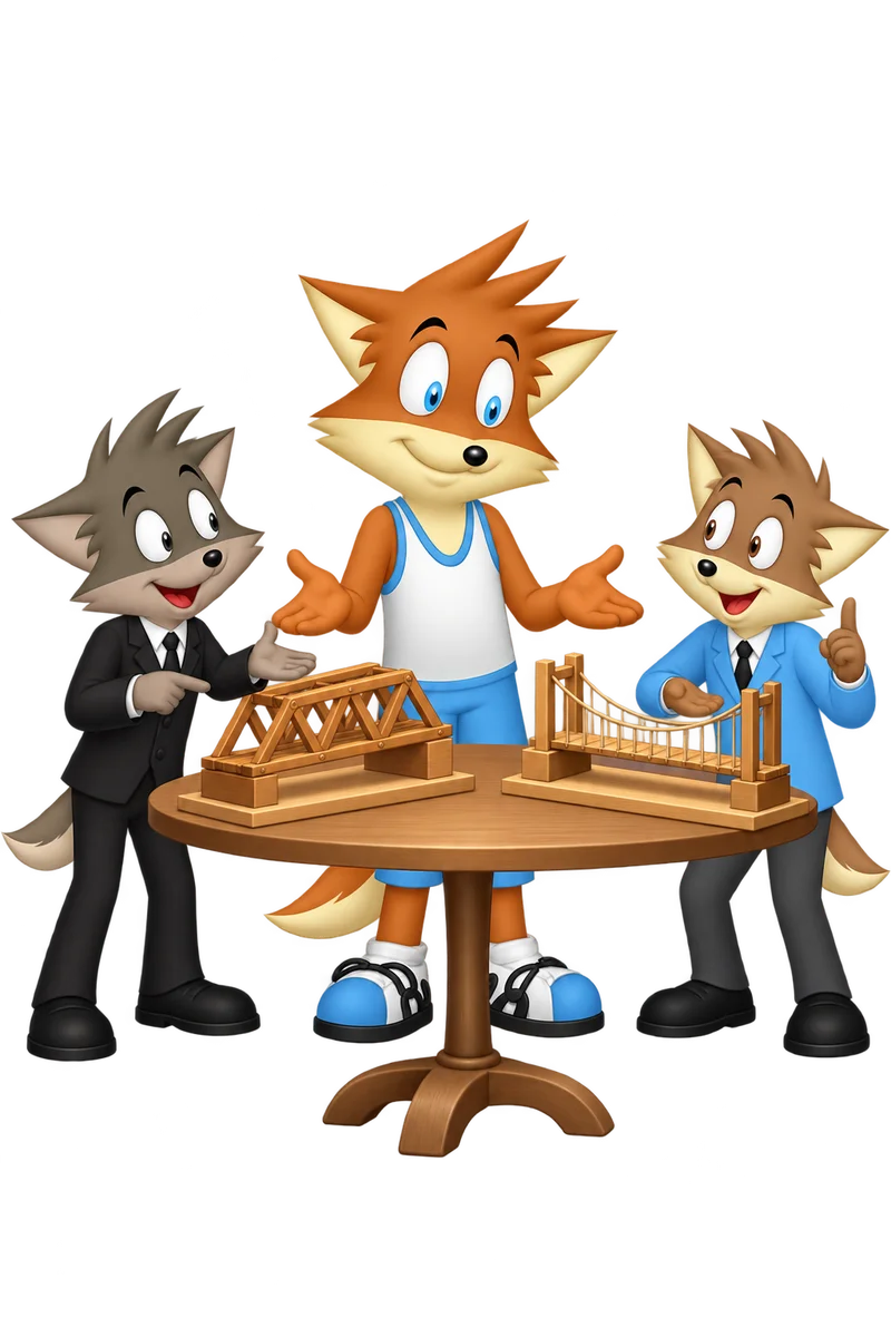 Three characters consider two different bridge models, with the orange character inviting both companions into the discussion.