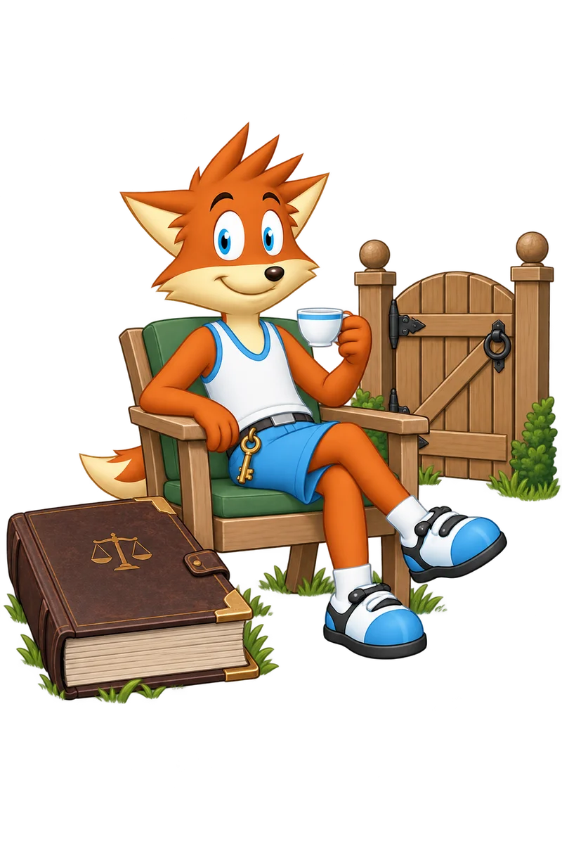 An orange character rests with tea in a chair, a huge closed ledger set aside and a garden-gate key still at their waist.