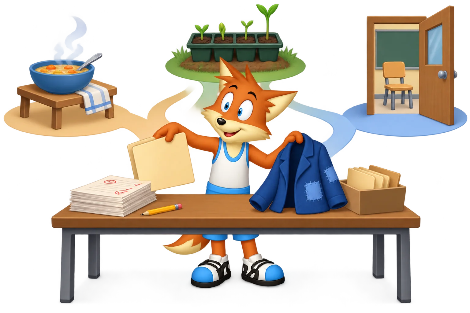 The orange mascot chooses one plain folder and a mended blue coat at a marked-up desk, with soup, uneven sprouts and an open classroom door branching behind.