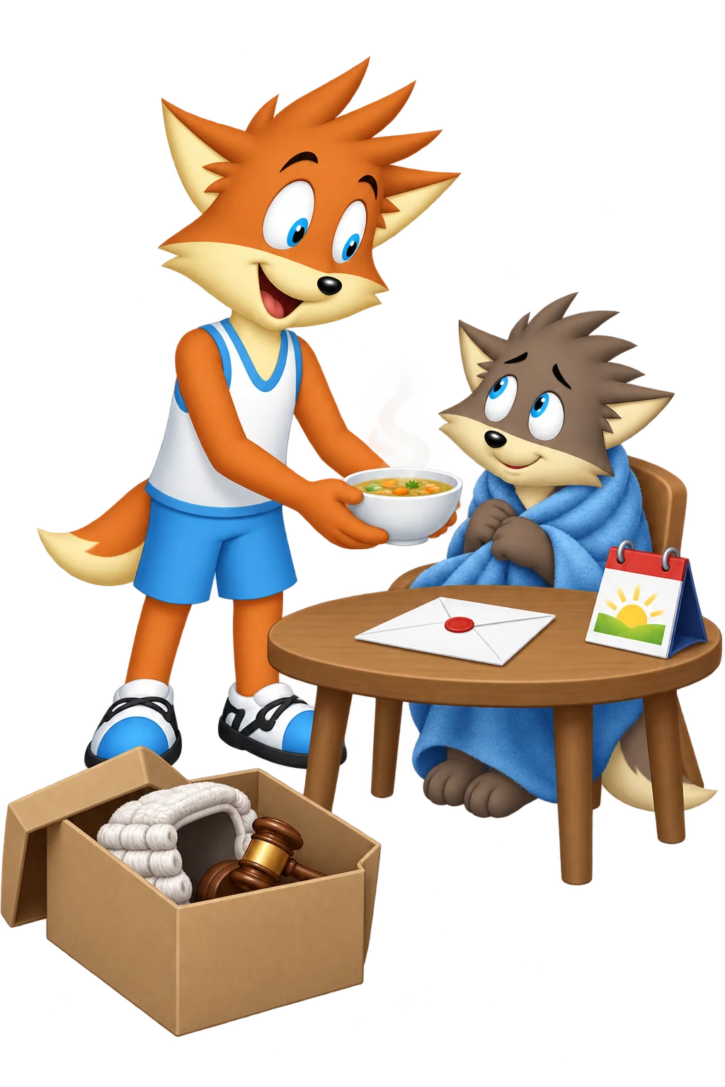 The orange mascot offers soup to a wrapped grey-brown companion beside a rejection envelope, morning card and boxed judge props.