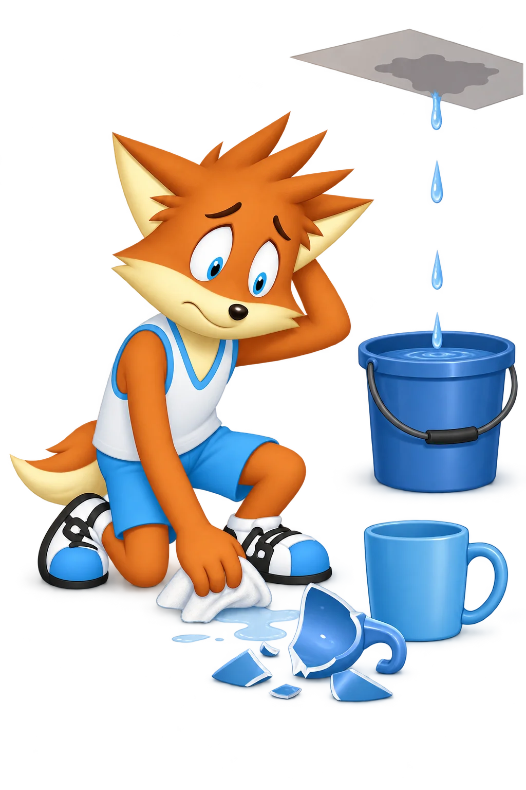 The orange mascot cleans a broken blue mug and sets out a replacement while a separate roof leak drips into a bucket.
