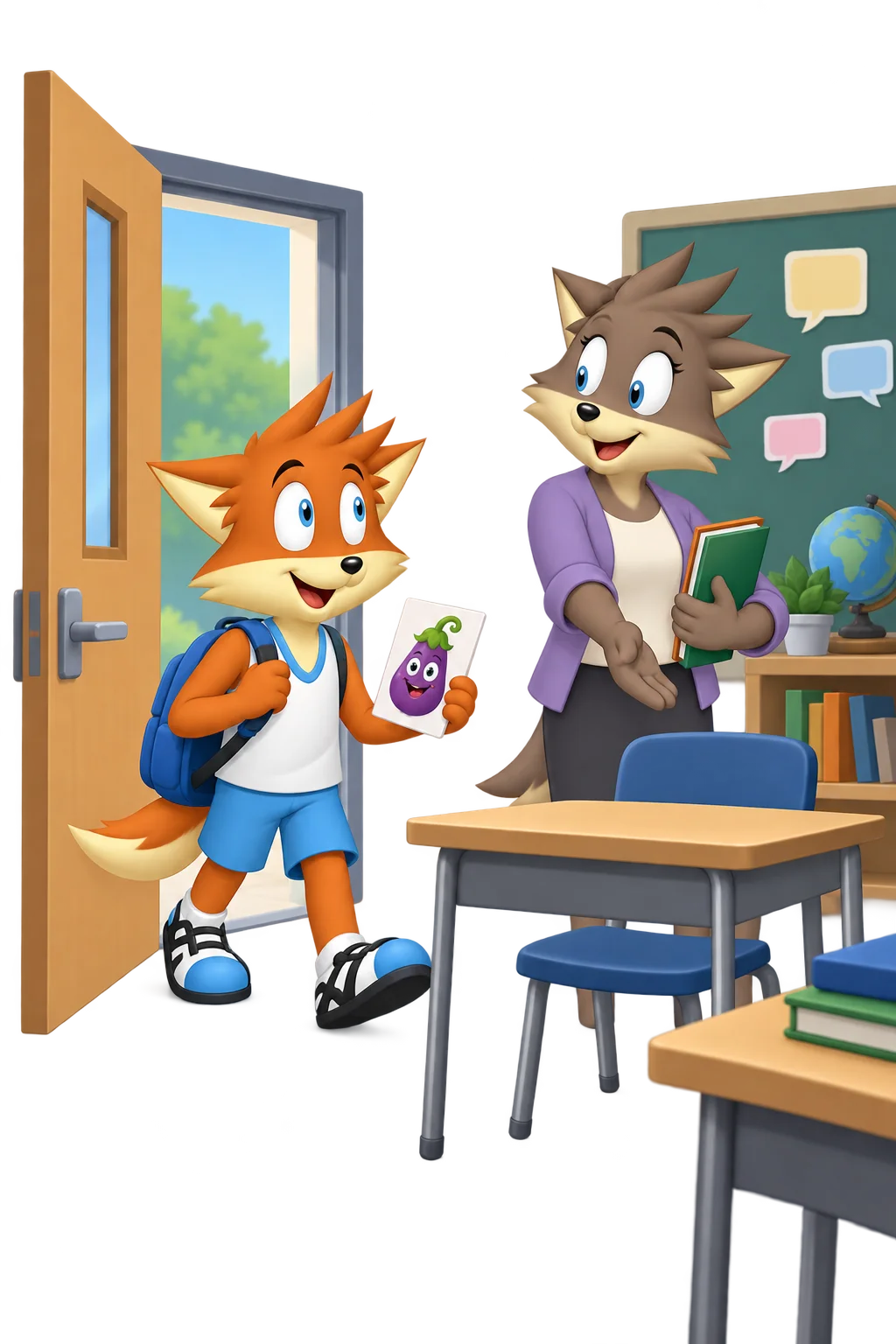 The orange mascot re-enters a classroom with a purple imaginary-vegetable card while a grey-brown instructor indicates an ordinary seat.