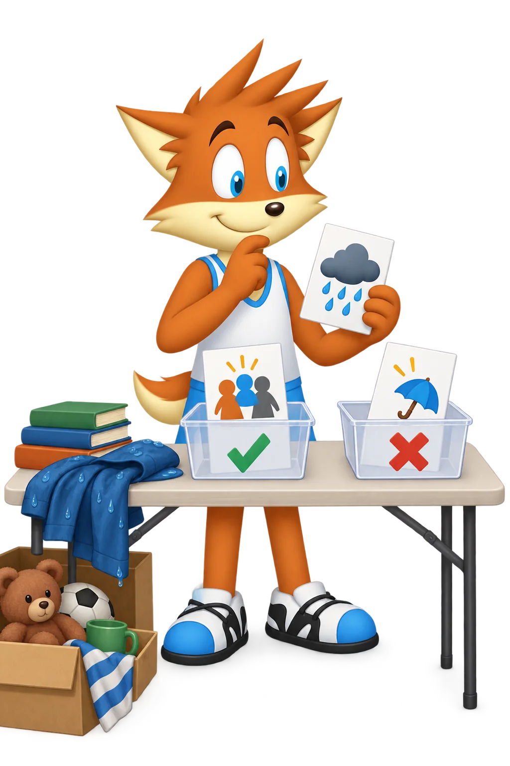 The orange mascot sorts rain, shared-plan and umbrella evidence cards between two clear bins at a damp community table.