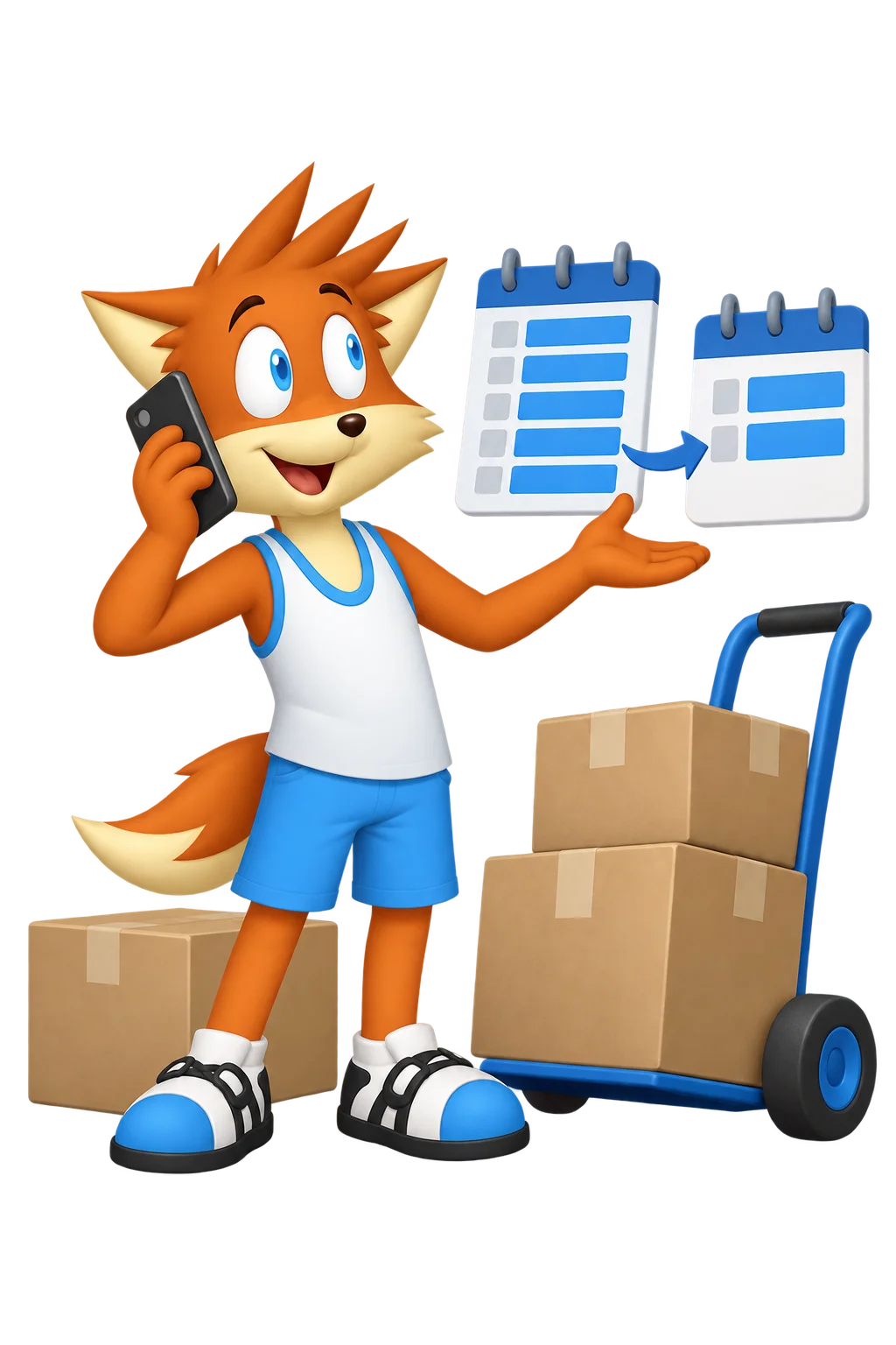 The orange mascot calls early beside calendars changing five time blocks to two, moving boxes and a handcart.