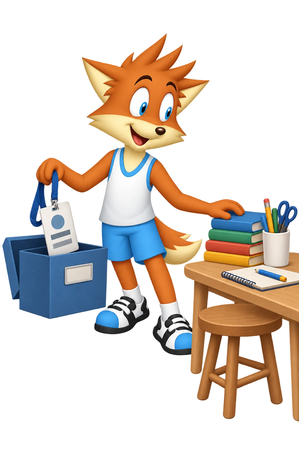 The orange mascot places an old conference badge into a keepsake box and turns toward a library workshop table.