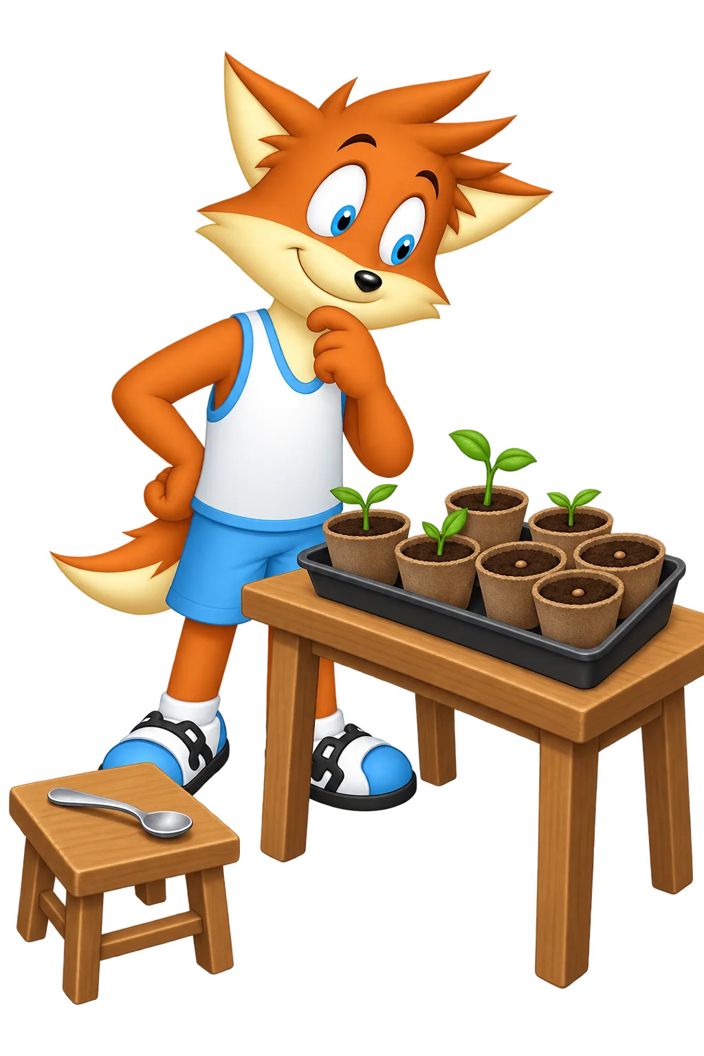 The orange mascot checks seven seed pots with four uneven sprouts while a digging spoon rests far away.