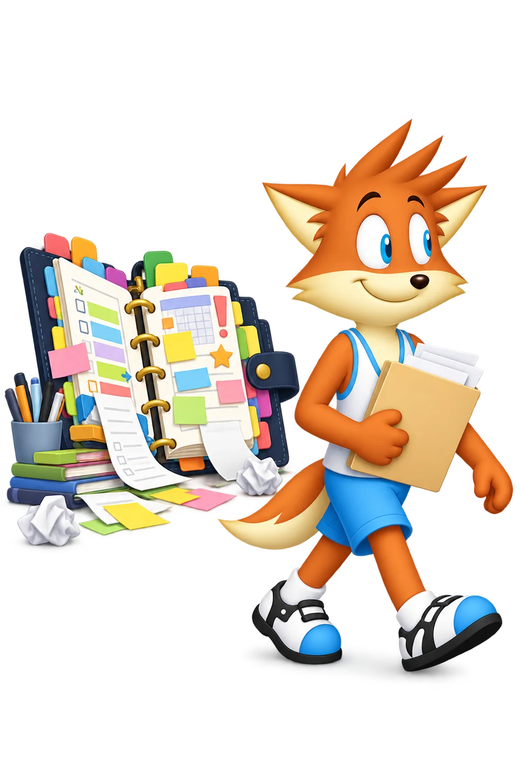 The orange mascot carries one plain folder away from an extravagant many-tabbed planner display.