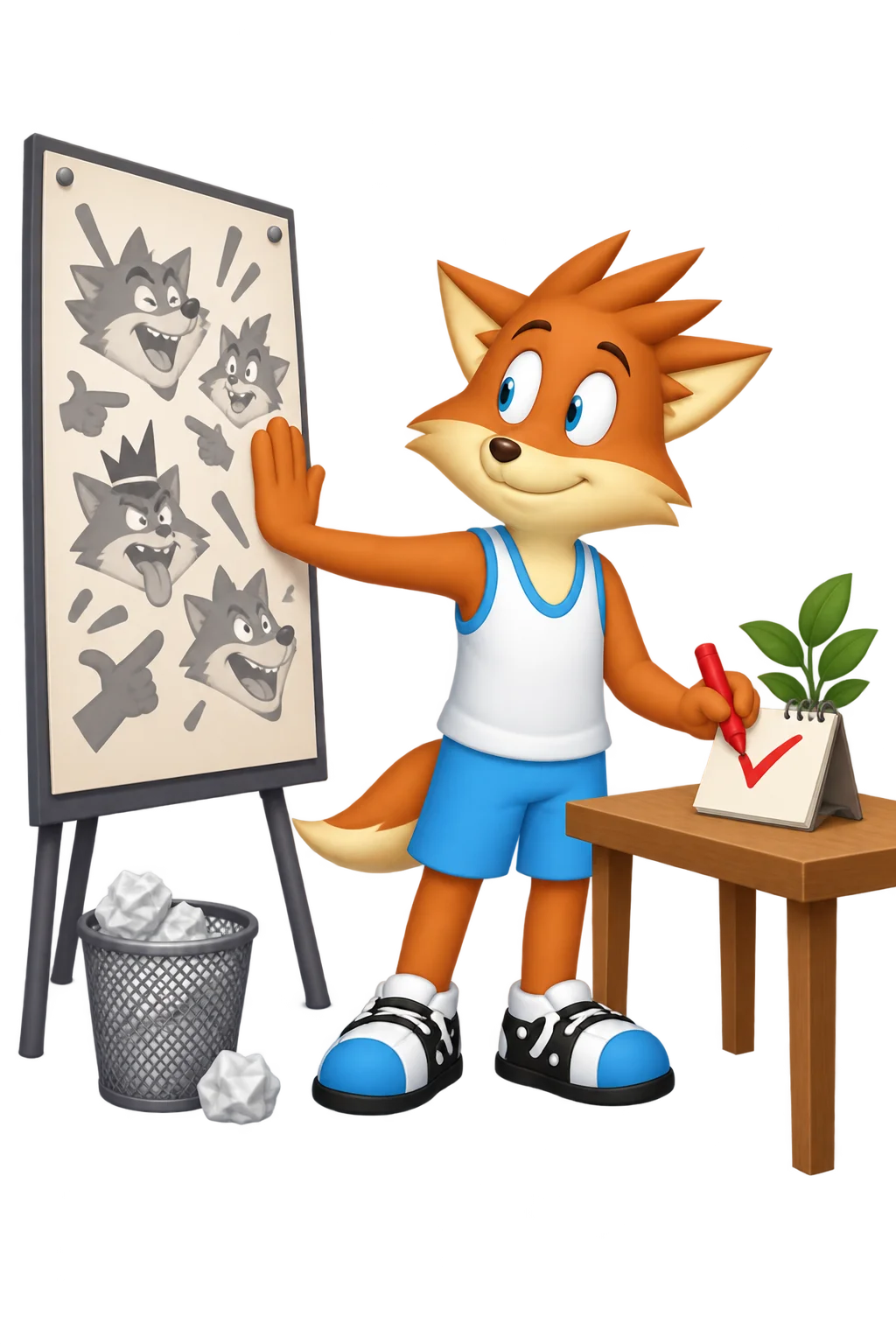 The orange mascot declines a mocking caricature board while marking a private progress card.