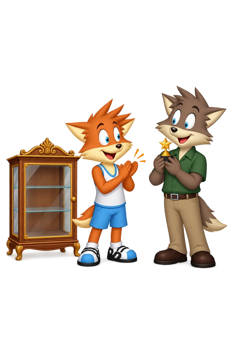 An orange character applauds a friend’s small star trophy beside their own large, empty trophy cabinet.