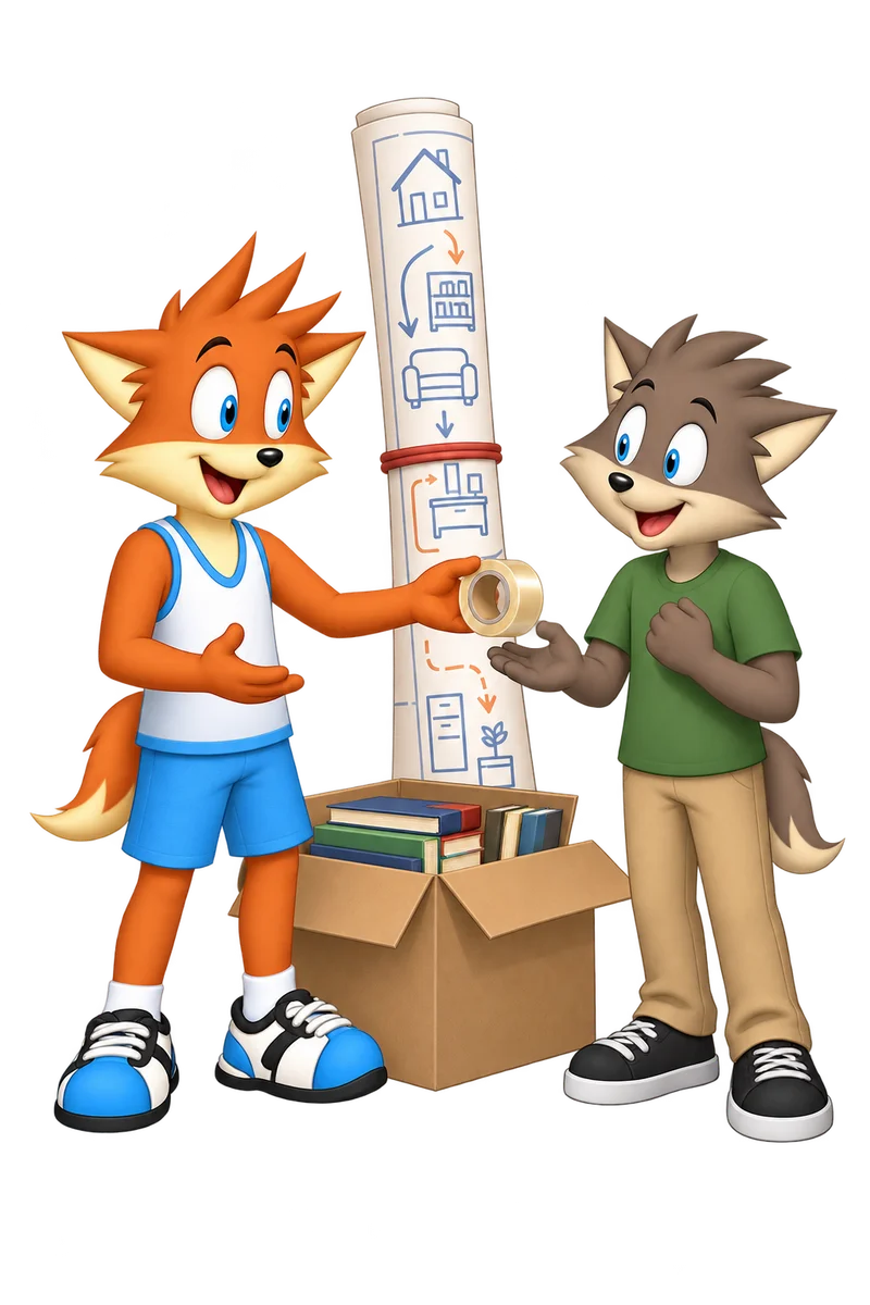 An orange adult offers packing tape to a friend beside a box of books, leaving a towering rolled-up improvement plan unused.