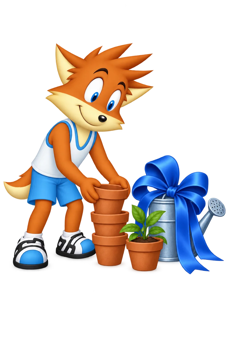 An orange character stacks empty pots beside a small plant while a watering can with an enormous blue bow stands unused.