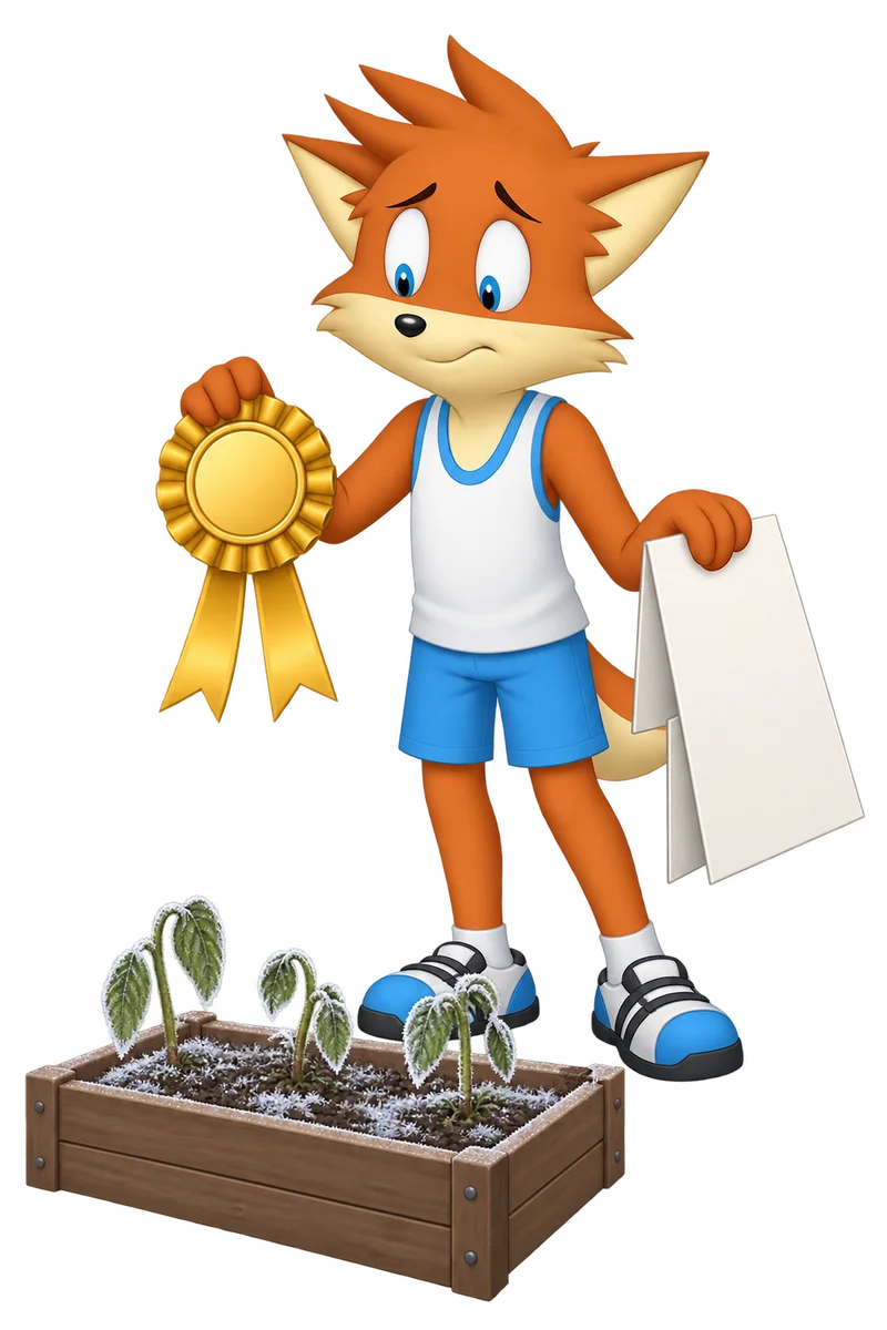 An orange gardener looks disappointed but steady beside frost-damaged seedlings, lowering a gold ribbon and a blank judging card.