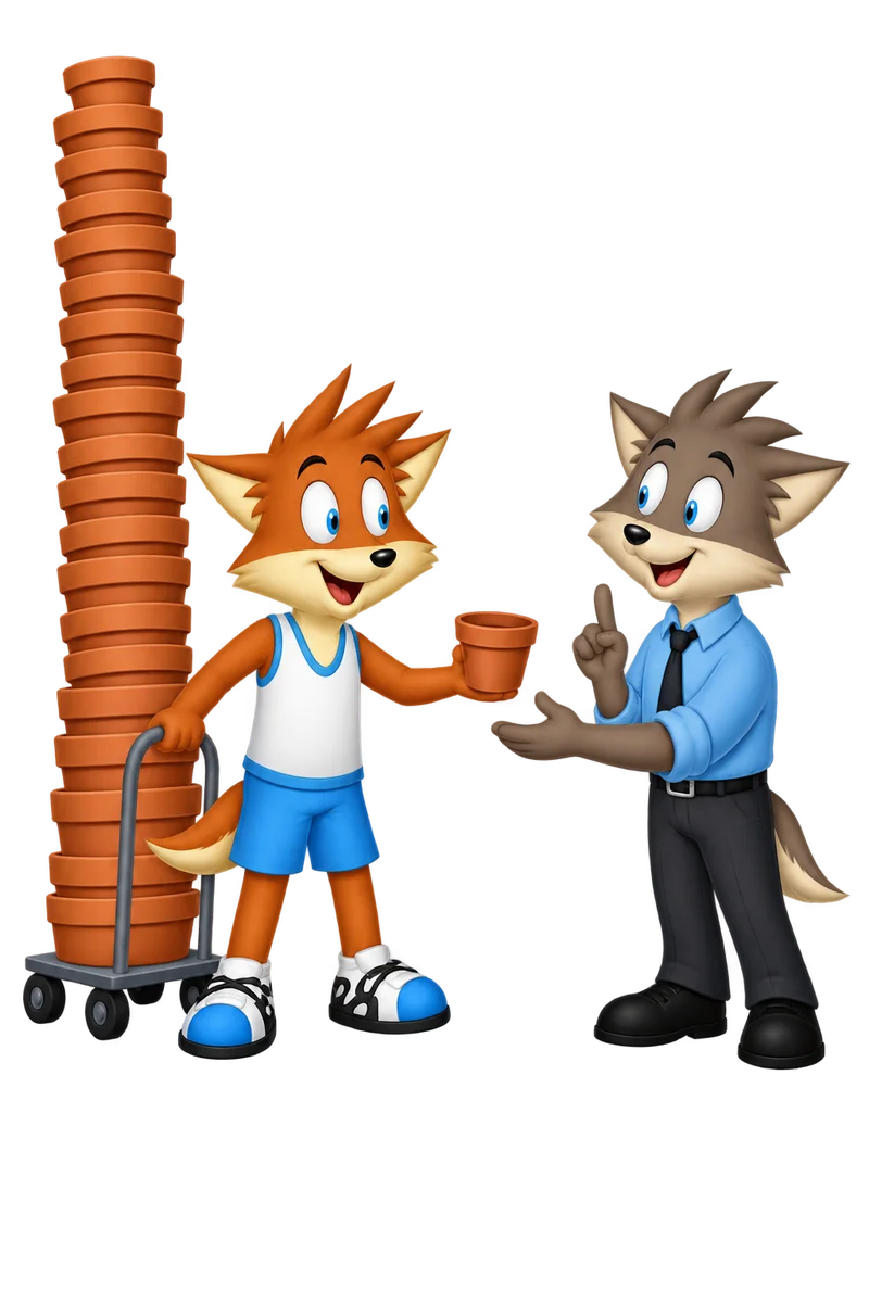 An orange character offers one pot to a gray adult who holds up one finger, while a tall trolley of spare pots stays beside the giver.