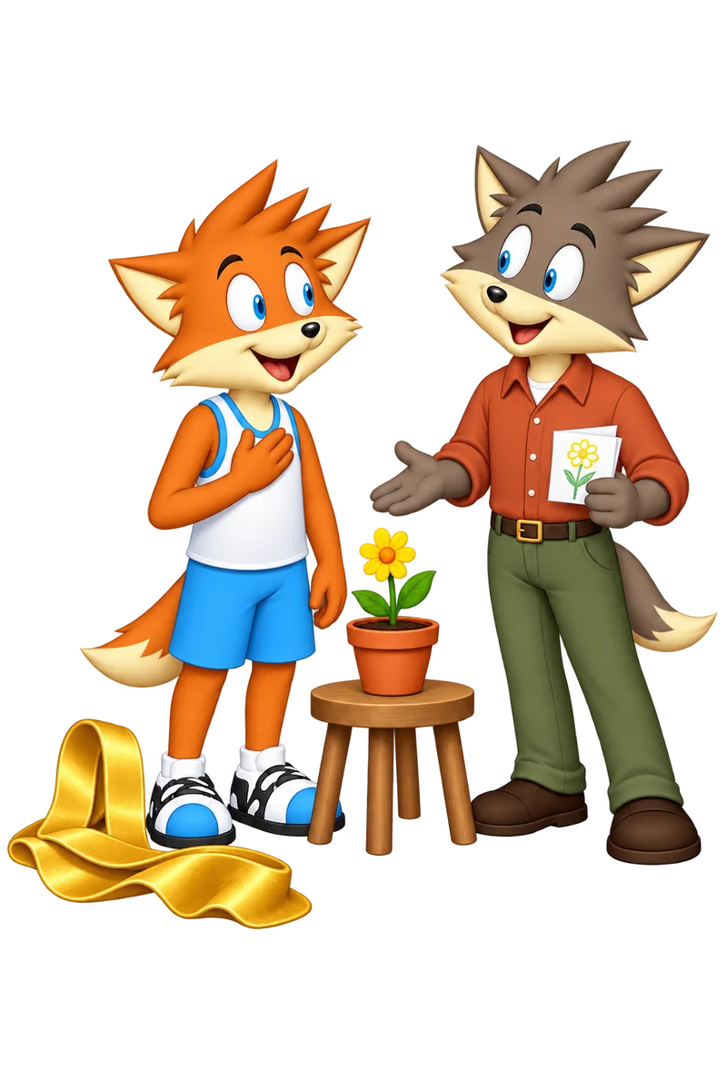 An orange gardener thanks a gray adult beside a small flowering pot, with an oversized gold sash left on the ground and the companion’s flower sketch in hand.