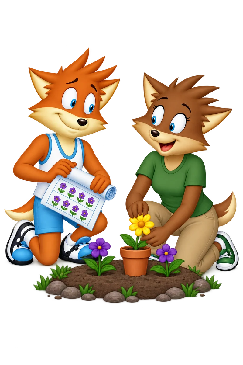 An orange gardener rolls up a rigid purple-flower plan while a brown adult companion chooses a yellow flower for their shared bed.