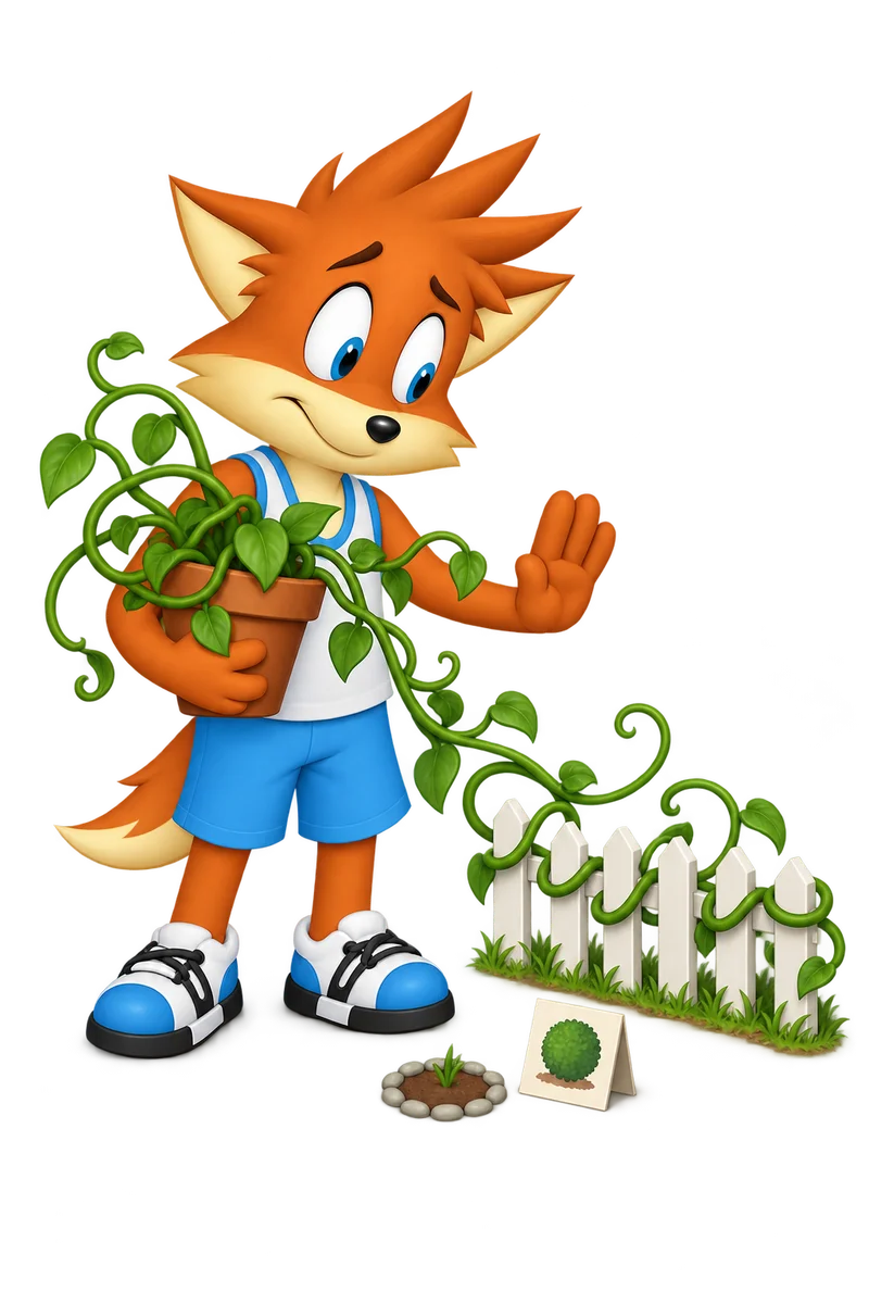 An orange gardener pauses with a sprawling potted plant beside a tiny planting diagram and a miniature fence already reached by tendrils.