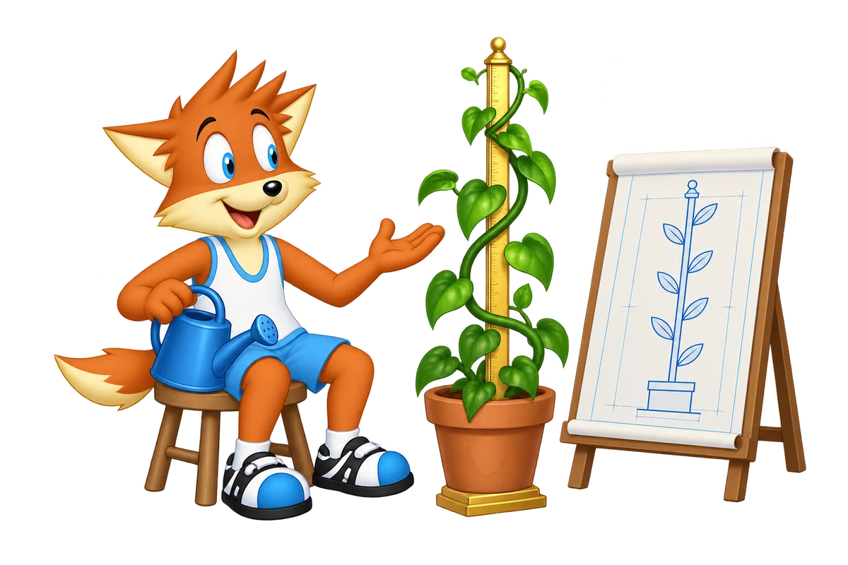 An orange character sits with a watering can beside a vine curving around a straight pole and a drawing of a perfectly straight plant.