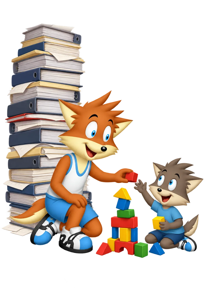 An orange adult offers a block to a small builder while an enormous instruction manual goes unused.