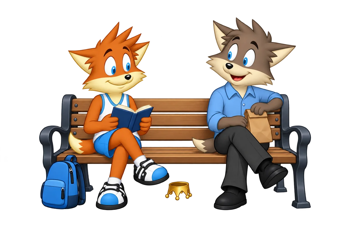 Two adult neighbors share a bench with a book and lunch; a bag rests below and an upside-down crown lies under the seat.
