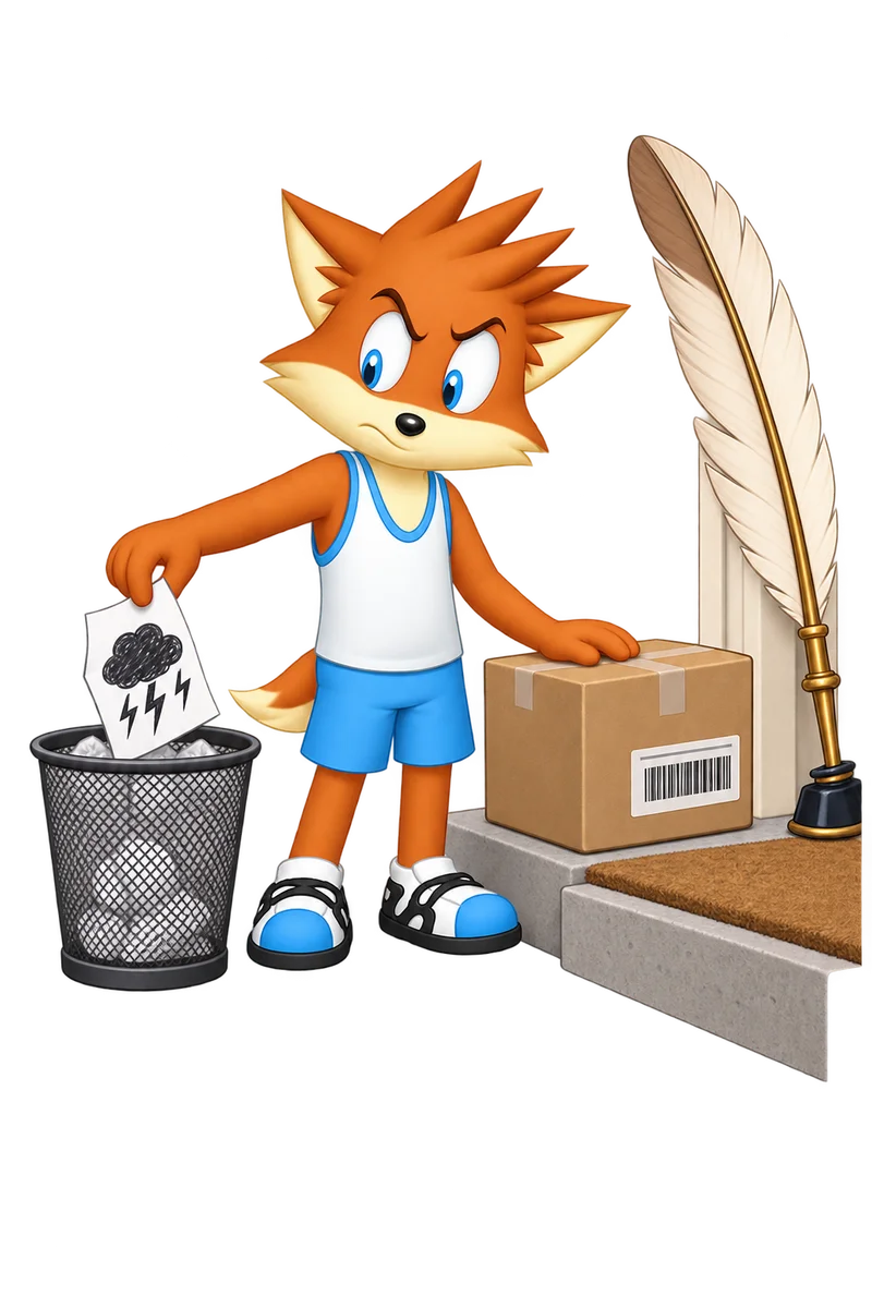 An orange adult drops a storm-cloud reply into a bin beside a parcel and an enormous unused quill.