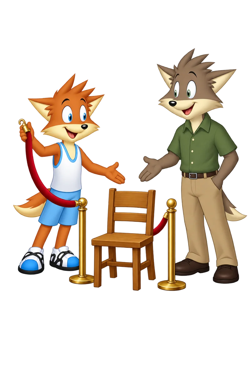 An orange character unhooks a velvet rope to welcome another adult to an empty chair.