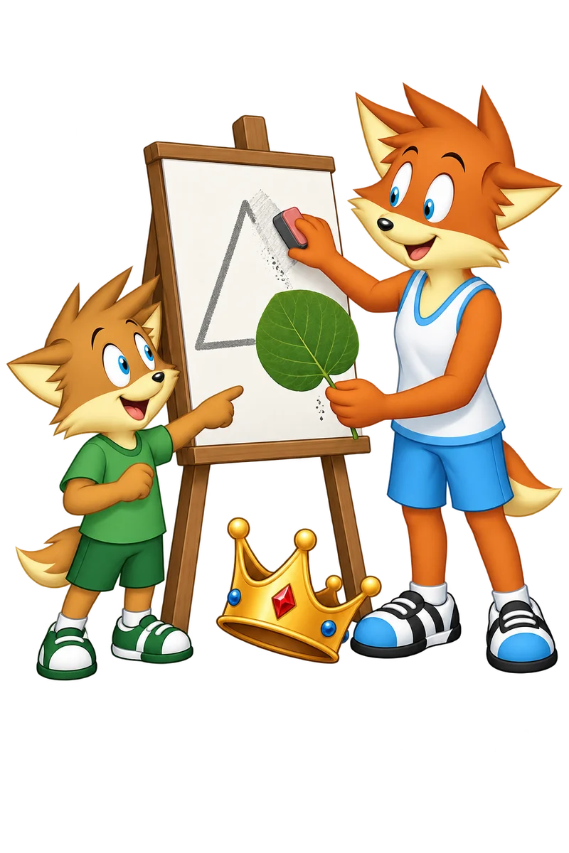 An orange adult revises a confident drawing while a child shows the actual shape of a leaf.